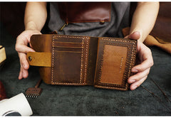 Handmade Coffee Leather Mens Trifold Billfold Wallet With Coin Pocket Brown Small Wallet for Men - iwalletsmen