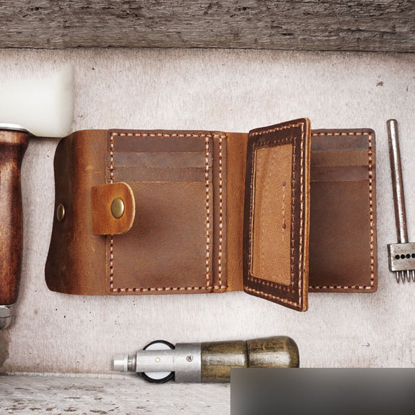 Handmade Brown Leather Mens Trifold Billfold Wallet With Coin Pocket Short Blue Small Wallet for Men - iwalletsmen