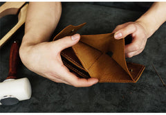 Handmade Coffee Leather Mens Trifold Billfold Wallet With Coin Pocket Brown Small Wallet for Men - iwalletsmen
