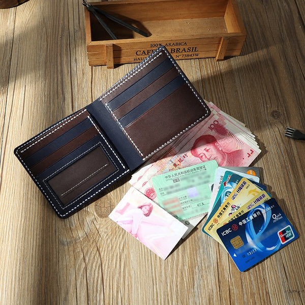 Handmade Blue Leather Billfold Wallets Personalized Mens Contrast Color Wallets for Men - iwalletsmen