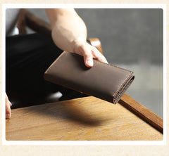 Handmade Coffee Leather Mens Bifold Long Wallets Personalized Black Checkbook Wallet for Men - iwalletsmen