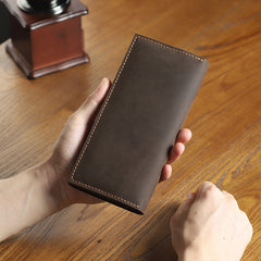 Handmade Coffee Leather Mens Bifold Long Wallets Personalized Black Checkbook Wallet for Men - iwalletsmen