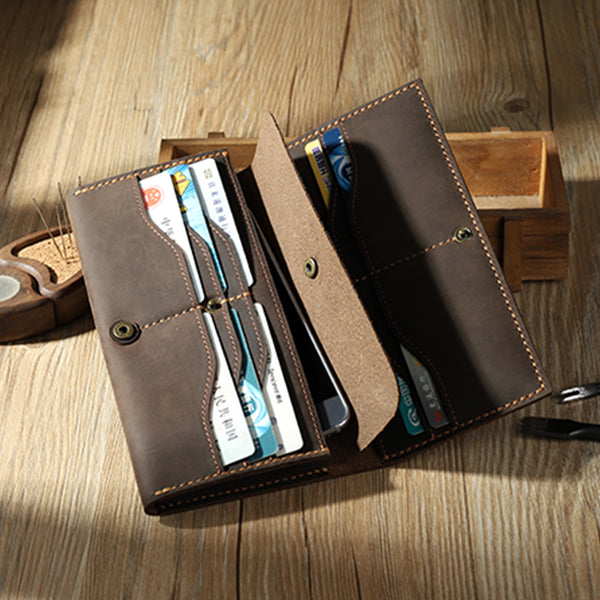 Handmade Coffee Leather Mens Bifold Long Wallets Personalized Black Checkbook Wallet for Men - iwalletsmen