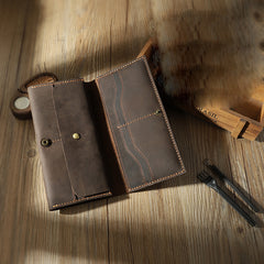 Handmade Coffee Leather Mens Bifold Long Wallets Personalized Black Checkbook Wallet for Men - iwalletsmen
