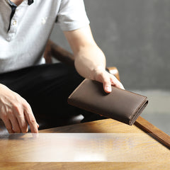 Handmade Coffee Leather Mens Bifold Long Wallets Personalized Black Checkbook Wallet for Men - iwalletsmen