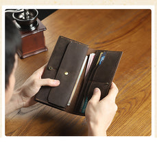 Handmade Coffee Leather Mens Bifold Long Wallets Personalized Black Checkbook Wallet for Men - iwalletsmen