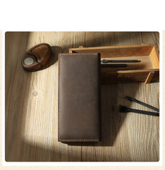 Handmade Coffee Leather Mens Bifold Long Wallets Personalized Black Checkbook Wallet for Men - iwalletsmen