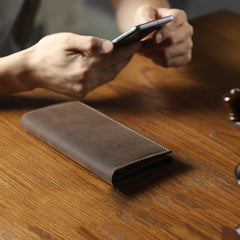 Handmade Coffee Leather Mens Bifold Long Wallets Personalized Black Checkbook Wallet for Men - iwalletsmen