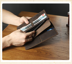 Handmade Coffee Leather Mens Bifold Long Wallets Personalized Black Checkbook Wallet for Men - iwalletsmen