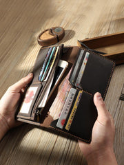 Handmade Coffee Leather Mens Bifold Long Wallets Personalized Coffee Checkbook Wallets for Men - iwalletsmen