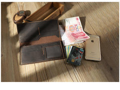 Handmade Coffee Leather Mens Bifold Long Wallets Personalized Coffee Checkbook Wallets for Men - iwalletsmen