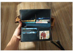Handmade Blue Leather Mens Bifold Long Wallets Personalized Blue Checkbook Wallets for Men - iwalletsmen