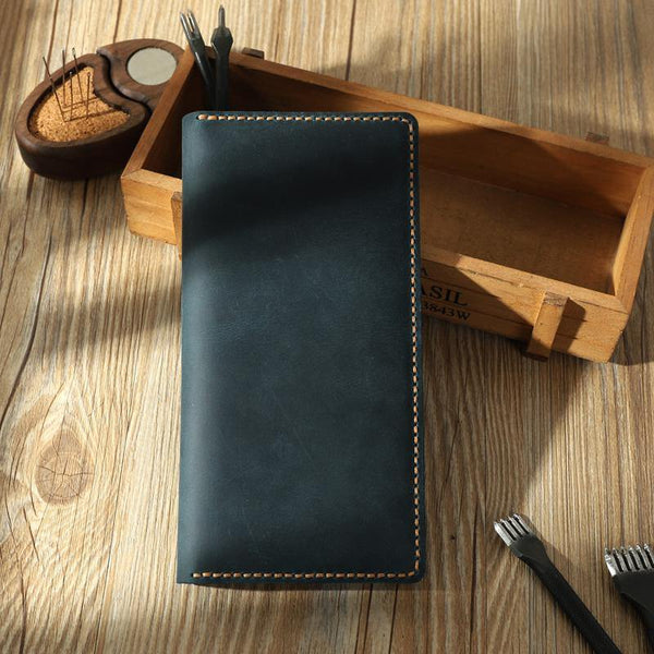 Handmade Blue Leather Mens Bifold Long Wallets Personalized Blue Checkbook Wallets for Men - iwalletsmen