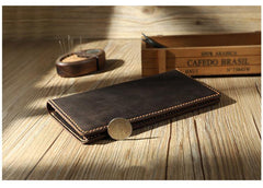 Handmade Coffee Leather Mens Bifold Long Wallets Personalized Coffee Checkbook Wallets for Men - iwalletsmen