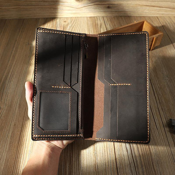 Handmade Coffee Leather Mens Bifold Long Wallets Personalized Coffee Checkbook Wallets for Men - iwalletsmen