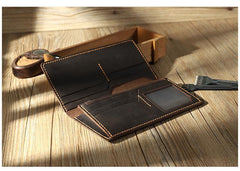 Handmade Coffee Leather Mens Bifold Long Wallets Personalized Coffee Checkbook Wallets for Men - iwalletsmen