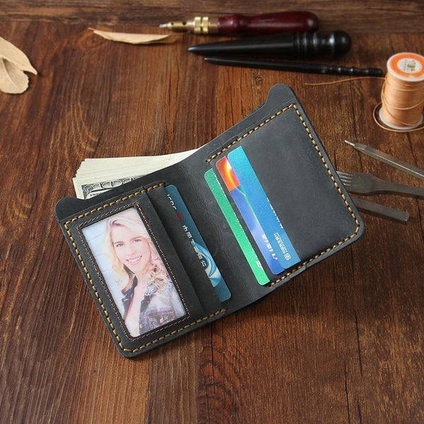 Handmade Black Leather Mens Billfold Wallet Personalize Black Bifold Small Wallets for Men - iwalletsmen