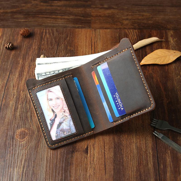 Handmade Coffee Leather Mens Billfold Wallets Personalize Coffee Bifold Small Wallets for Men - iwalletsmen