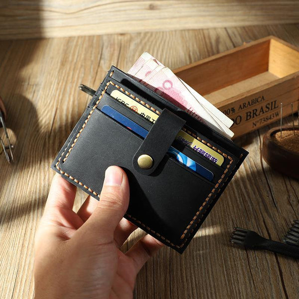 Handmade Black Leather Mens Slim Front Pocket Wallet Personalized Slim Card Wallets for Men - iwalletsmen