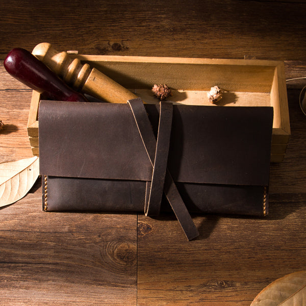 Handmade Coffee Leather Womens Long Wallets Personalized Wrap Tie Checkbook Wallet for Men - iwalletsmen