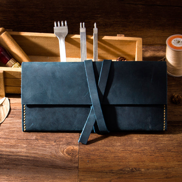 Handmade Blue Leather Womens Long Wallets Personalized Wrap Tie Checkbook Wallet for Men - iwalletsmen