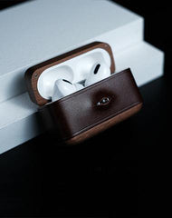 Handmade Coffee Leather Wood AirPods Pro Case with Eye Custom Leather AirPods Pro Case Airpod Case Cover - iwalletsmen