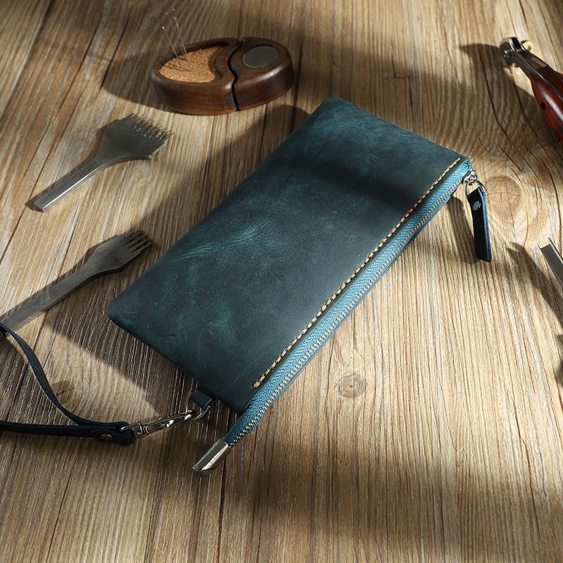 Handmade Blue Mens Clutch Wallet Personalized Blue Leather Slim Zipper Clutch for Men - iwalletsmen