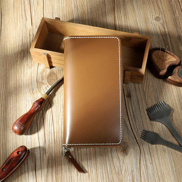 Handmade Tan Mens Zipper Long Wallets Personalized Leather Around Zipper Wallets for Men - iwalletsmen