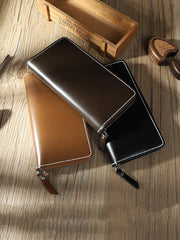 Handmade Coffee Mens Zipper Long Wallets Personalized Leather Around Zipper Wallets for Men - iwalletsmen