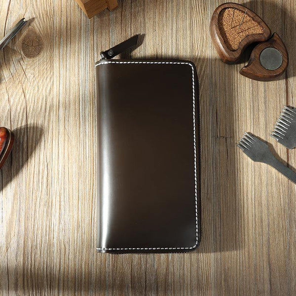 Handmade Coffee Mens Zipper Long Wallets Personalized Leather Around Zipper Wallets for Men - iwalletsmen