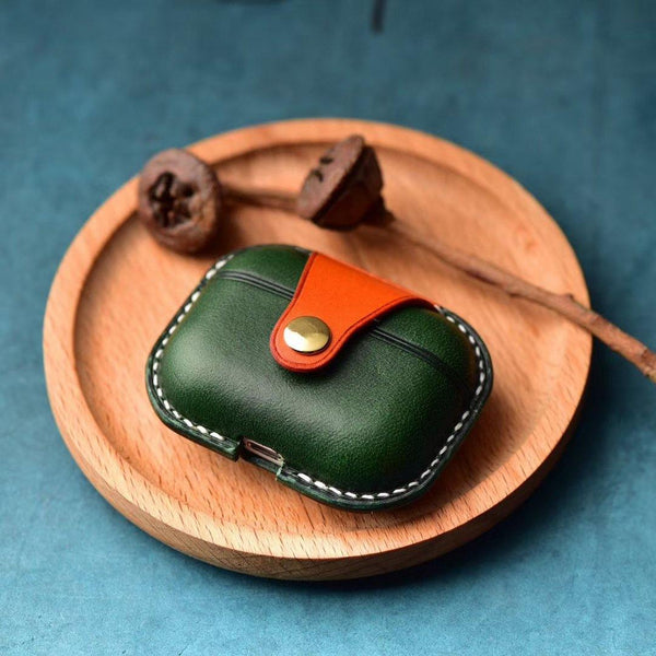 Handmade Green Leather AirPods Pro Case Leather AirPods Case Airpod Case Cover - iwalletsmen