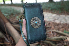 Handmade Leather Tibetan Totem Long Wallet Cool Zipper Clutch Wristlet Wallet for Men