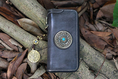 Handmade Leather Tibetan Totem Long Wallet Cool Zipper Clutch Wristlet Wallet for Men