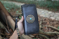 Handmade Tan Leather Tibetan Totem Long Wallet Cool Zipper Clutch Wristlet Wallet for Men