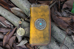 Handmade Leather Tibetan Totem Long Wallet Cool Zipper Clutch Wristlet Wallet for Men