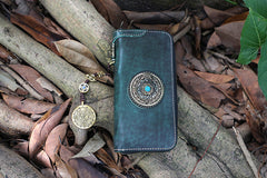 Handmade Leather Tibetan Totem Long Wallet Cool Zipper Clutch Wristlet Wallet for Men