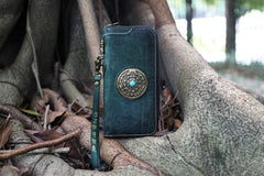 Handmade Leather Tibetan Totem Long Wallet Cool Zipper Clutch Wristlet Wallet for Men