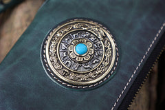 Handmade Leather Tibetan Totem Long Wallet Cool Zipper Clutch Wristlet Wallet for Men