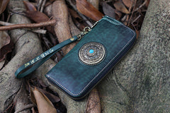 Handmade Leather Tibetan Totem Long Wallet Cool Zipper Clutch Wristlet Wallet for Men