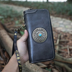 Handmade Leather Tibetan Totem Long Wallet Cool Zipper Clutch Wristlet Wallet for Men