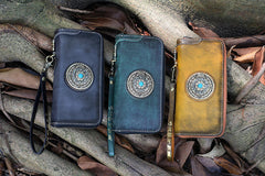 Handmade Tan Leather Tibetan Totem Long Wallet Cool Zipper Clutch Wristlet Wallet for Men