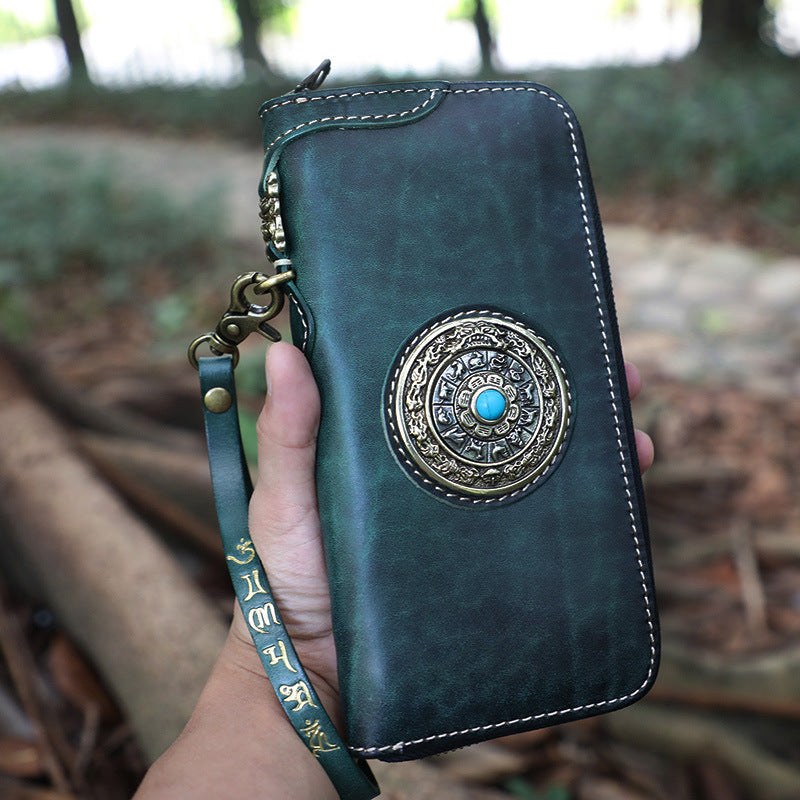 Handmade Black Leather Tibetan Totem Long Wallet Cool Zipper Clutch Wr –  imessengerbags