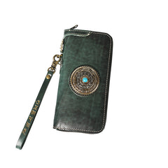 Handmade Leather Tibetan Totem Long Wallet Cool Zipper Clutch Wristlet Wallet for Men