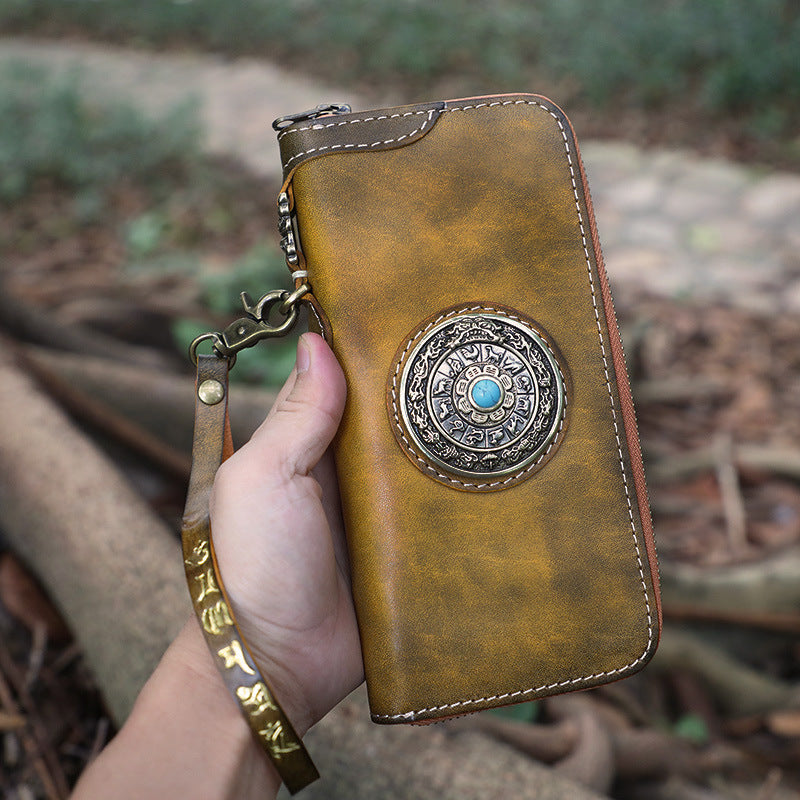 Handmade Leather Tibetan Totem Long Wallet Cool Zipper Clutch Wristlet Wallet for Men