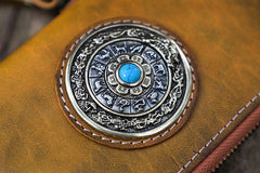 Handmade Tan Leather Tibetan Totem Long Wallet Cool Zipper Clutch Wristlet Wallet for Men