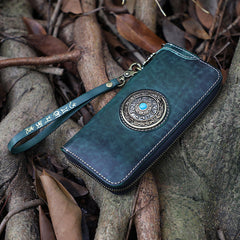 Handmade Leather Tibetan Totem Long Wallet Cool Zipper Clutch Wristlet Wallet for Men