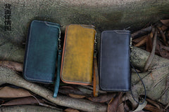 Handmade Leather Tibetan Totem Long Wallet Cool Zipper Clutch Wristlet Wallet for Men