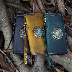 Handmade Leather Tibetan Totem Long Wallet Cool Zipper Clutch Wristlet Wallet for Men