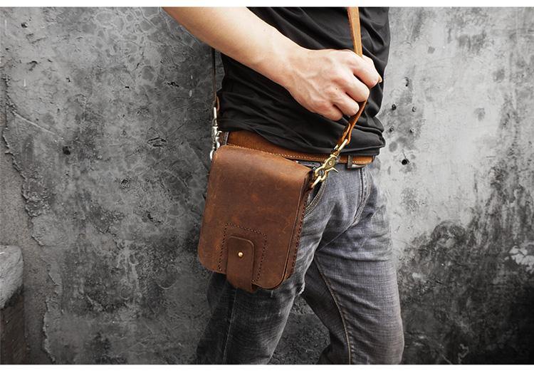 Brown Mens Leather Small Belt Pouch Mens Waist Bag Side Bag Mini