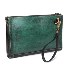 Handmade Green Leather Clutch Wristlet Bag Wallet Zipper Large Clutch Wristlet Wallet for Men